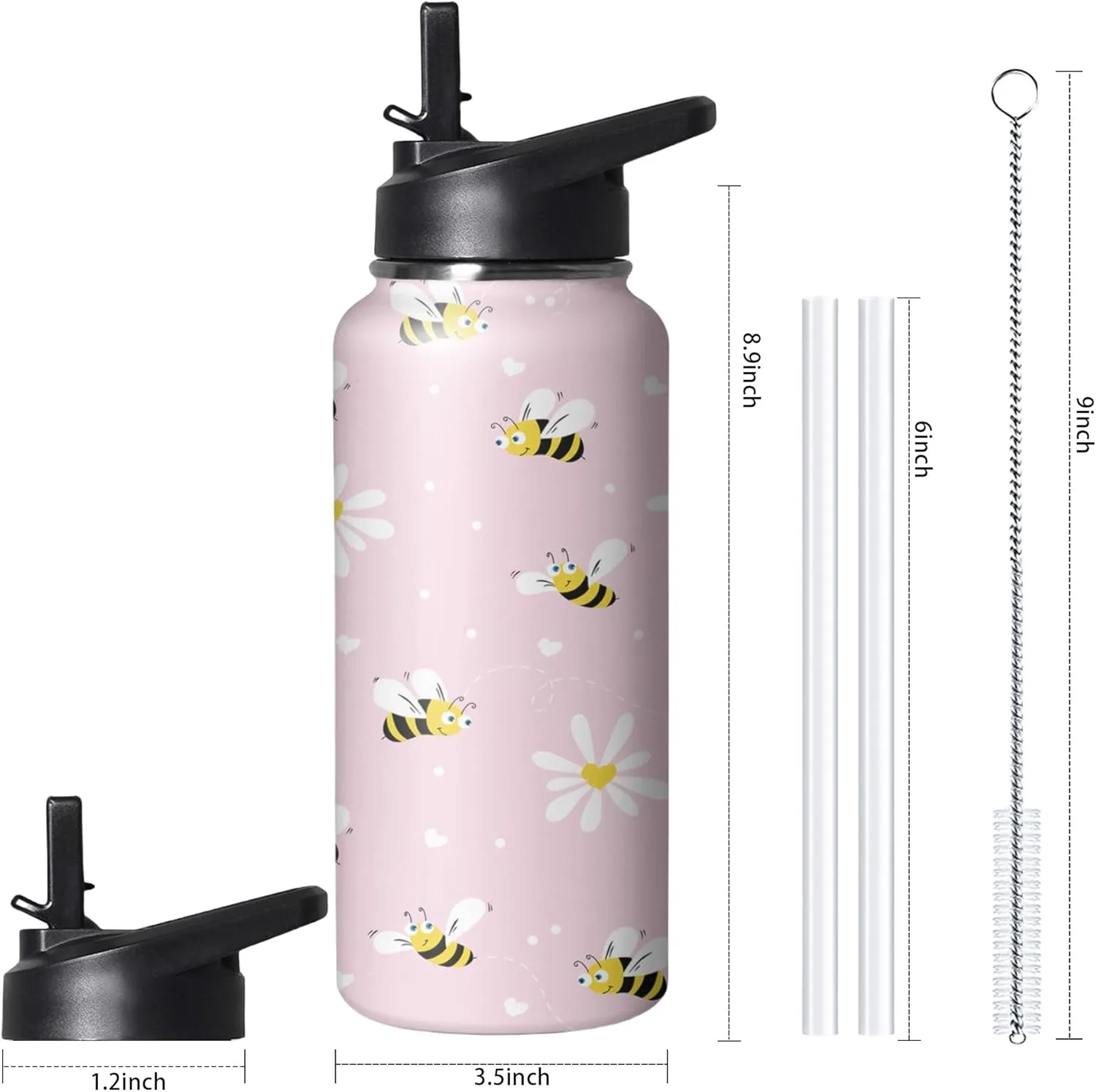 32oz Cute Bee Water Bottle with Handle and Flip Straw, Sports Stainless Steel Insulated Cup, Travel Coffee Mug Tumbler, Birthday Mothers Day Chritmas Gifts for Women Animal Lovers