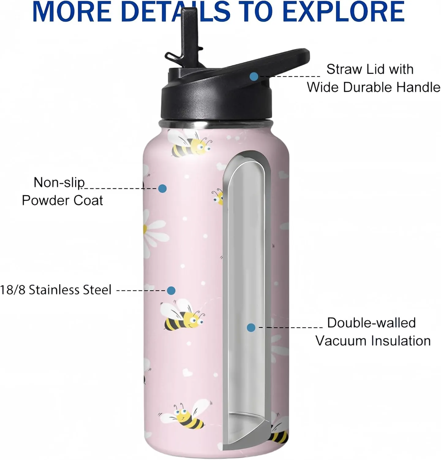 32oz Cute Bee Water Bottle with Handle and Flip Straw, Sports Stainless Steel Insulated Cup, Travel Coffee Mug Tumbler, Birthday Mothers Day Chritmas Gifts for Women Animal Lovers