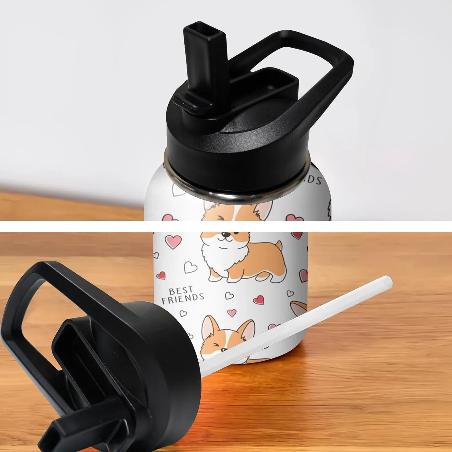 32oz Cute Corgi Water Bottle with Handle and Flip Straw, Dog Sports Stainless Steel Insulated Cup, Travel Coffee Mug Tumbler, Birthday Mothers Day Chritmas Gifts for Women Animal Lovers