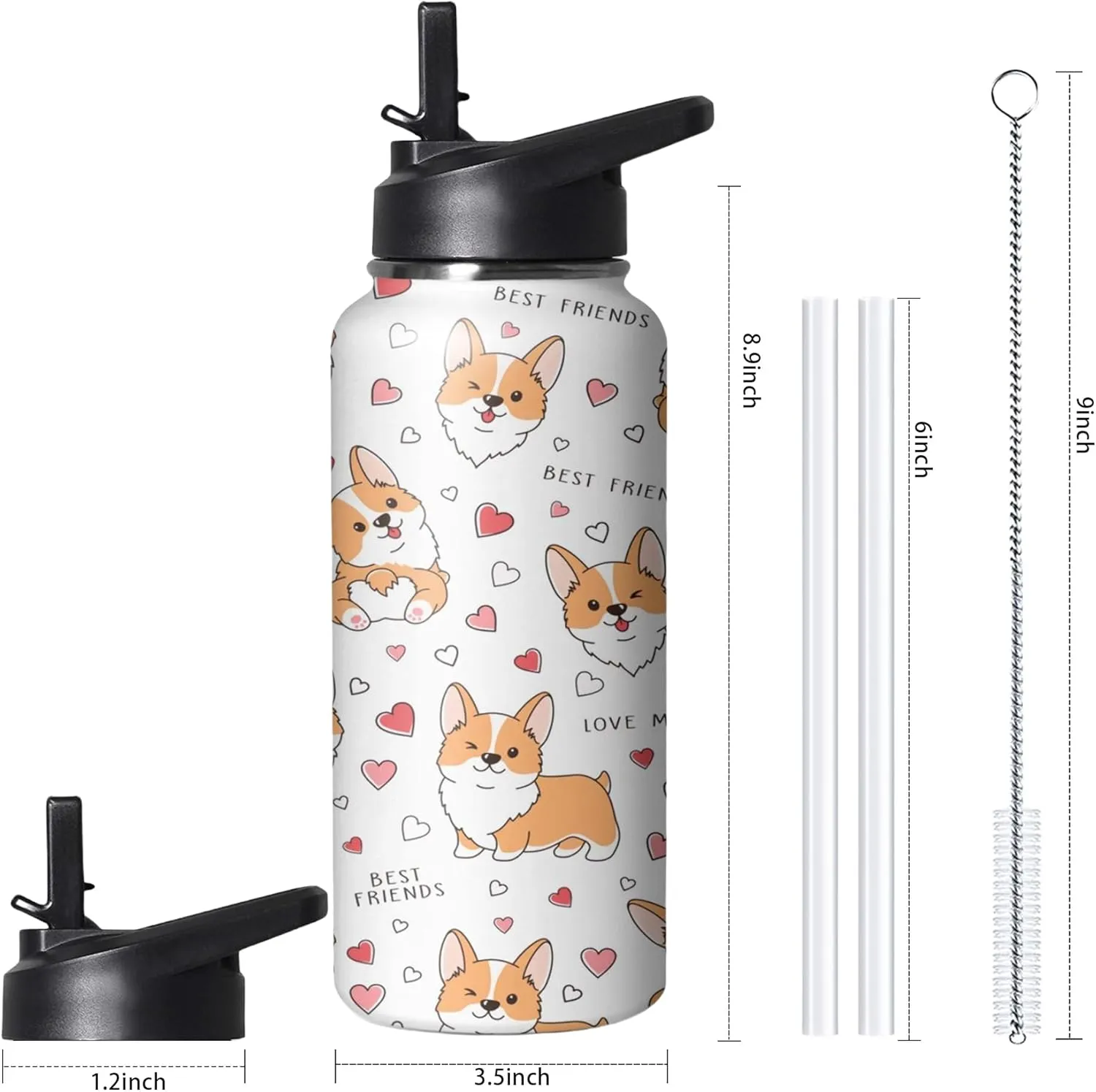 32oz Cute Corgi Water Bottle with Handle and Flip Straw, Dog Sports Stainless Steel Insulated Cup, Travel Coffee Mug Tumbler, Birthday Mothers Day Chritmas Gifts for Women Animal Lovers