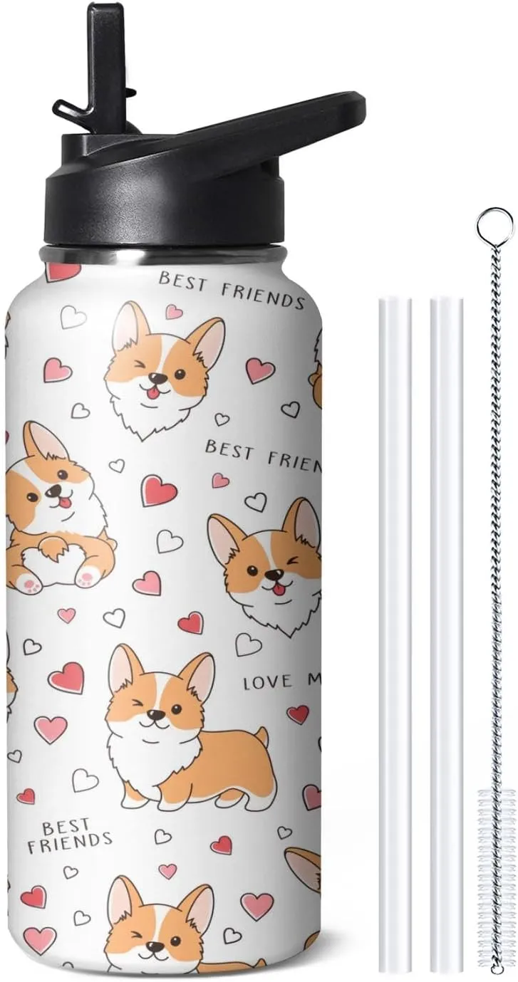 32oz Cute Corgi Water Bottle with Handle and Flip Straw, Dog Sports Stainless Steel Insulated Cup, Travel Coffee Mug Tumbler, Birthday Mothers Day Chritmas Gifts for Women Animal Lovers