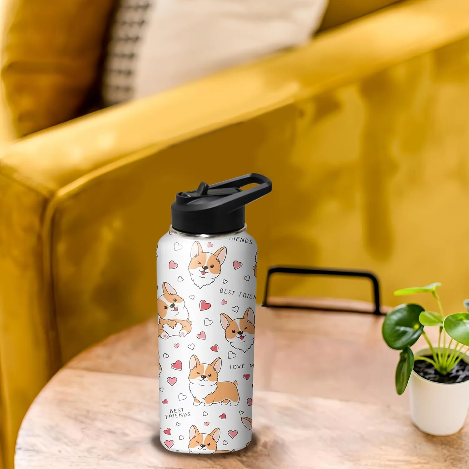 32oz Cute Corgi Water Bottle with Handle and Flip Straw, Dog Sports Stainless Steel Insulated Cup, Travel Coffee Mug Tumbler, Birthday Mothers Day Chritmas Gifts for Women Animal Lovers