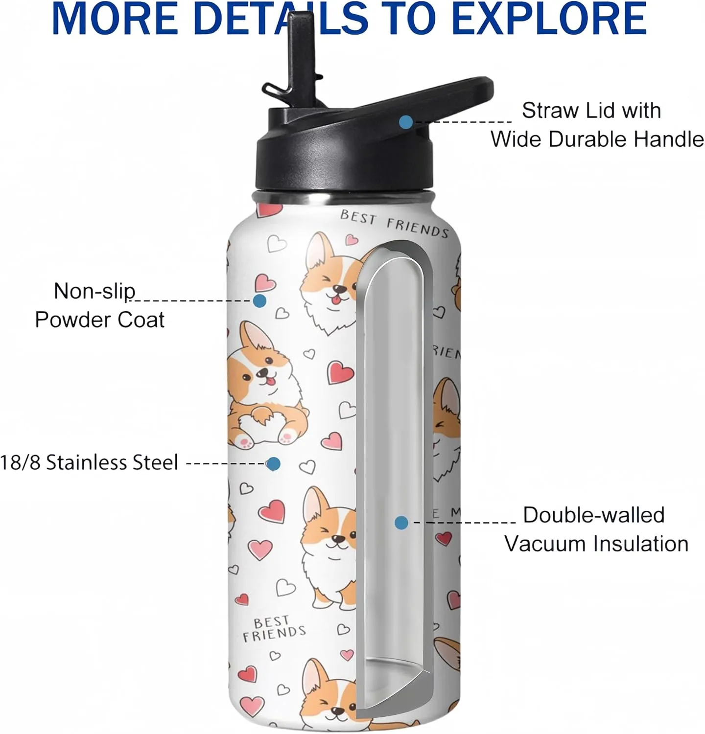 32oz Cute Corgi Water Bottle with Handle and Flip Straw, Dog Sports Stainless Steel Insulated Cup, Travel Coffee Mug Tumbler, Birthday Mothers Day Chritmas Gifts for Women Animal Lovers