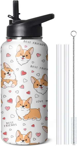 32oz Cute Corgi Water Bottle with Handle and Flip Straw, Dog Sports Stainless Steel Insulated Cup, Travel Coffee Mug Tumbler, Birthday Mothers Day Chritmas Gifts for Women Animal Lovers