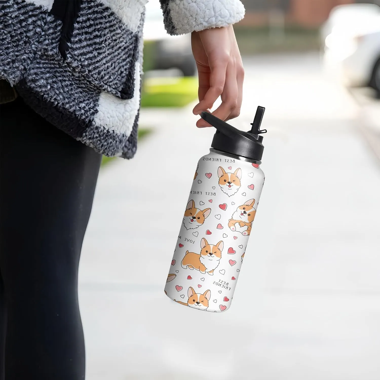 32oz Cute Corgi Water Bottle with Handle and Flip Straw, Dog Sports Stainless Steel Insulated Cup, Travel Coffee Mug Tumbler, Birthday Mothers Day Chritmas Gifts for Women Animal Lovers