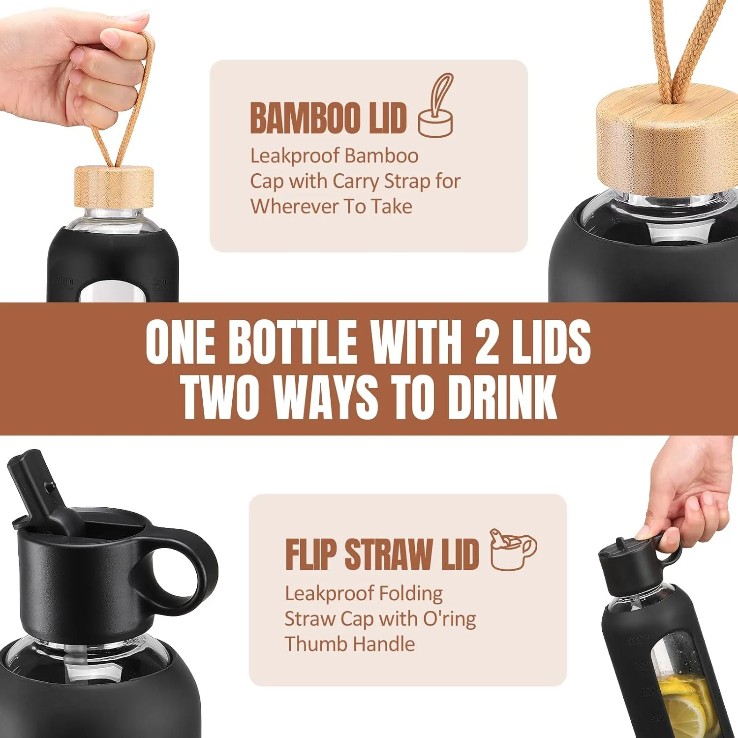 32oz Glass Water Bottle With 2 Lids, Glass Tumbler With Silicone Sleeve, Drinking Bottles With Motivational Time Marker,1 Pack-Black