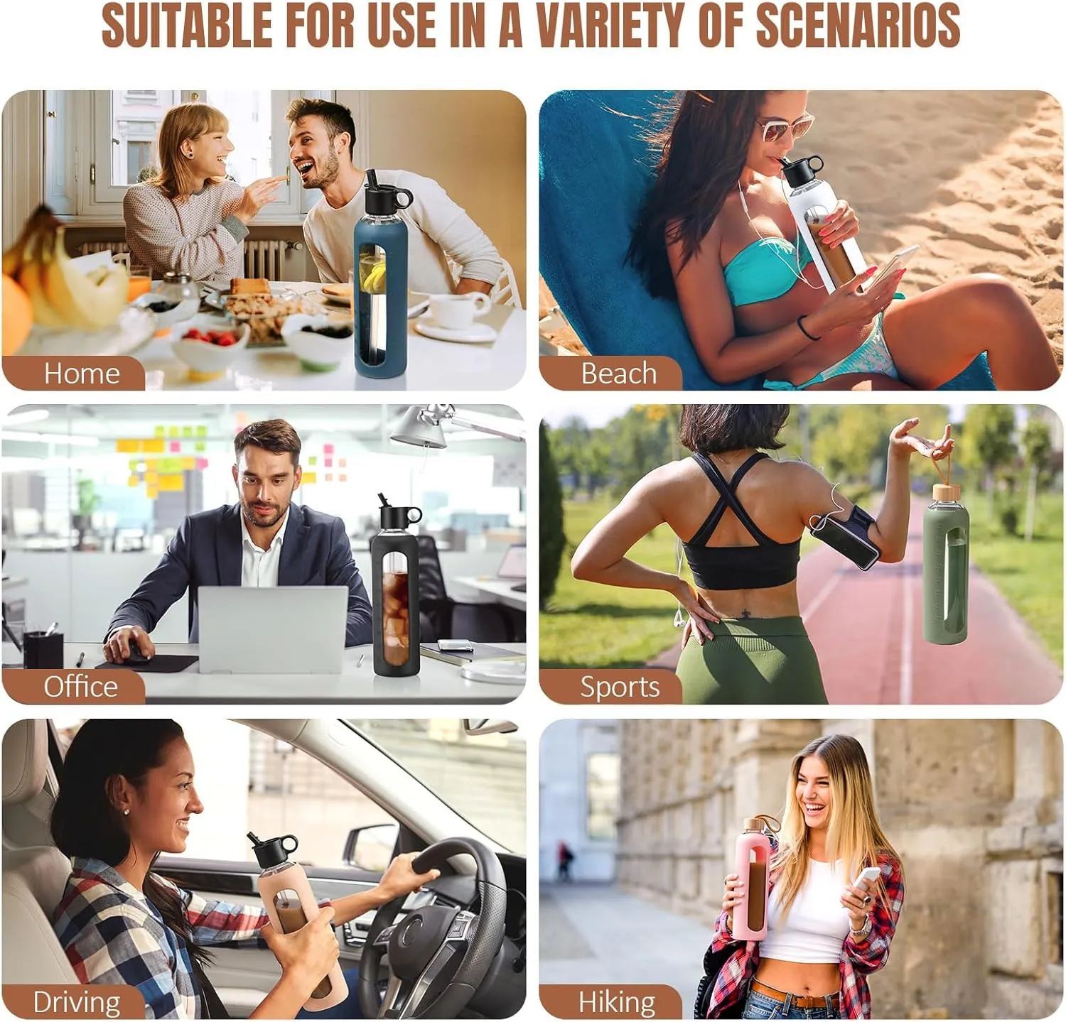 32oz Glass Water Bottle With 2 Lids, Glass Tumbler With Silicone Sleeve, Drinking Bottles With Motivational Time Marker,1 Pack-Black