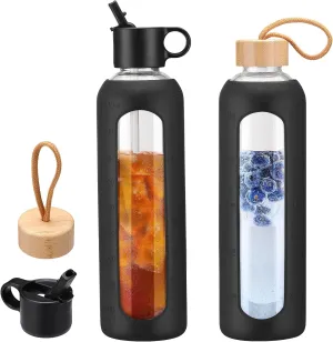 32oz Glass Water Bottle With 2 Lids, Glass Tumbler With Silicone Sleeve, Drinking Bottles With Motivational Time Marker,1 Pack-Black