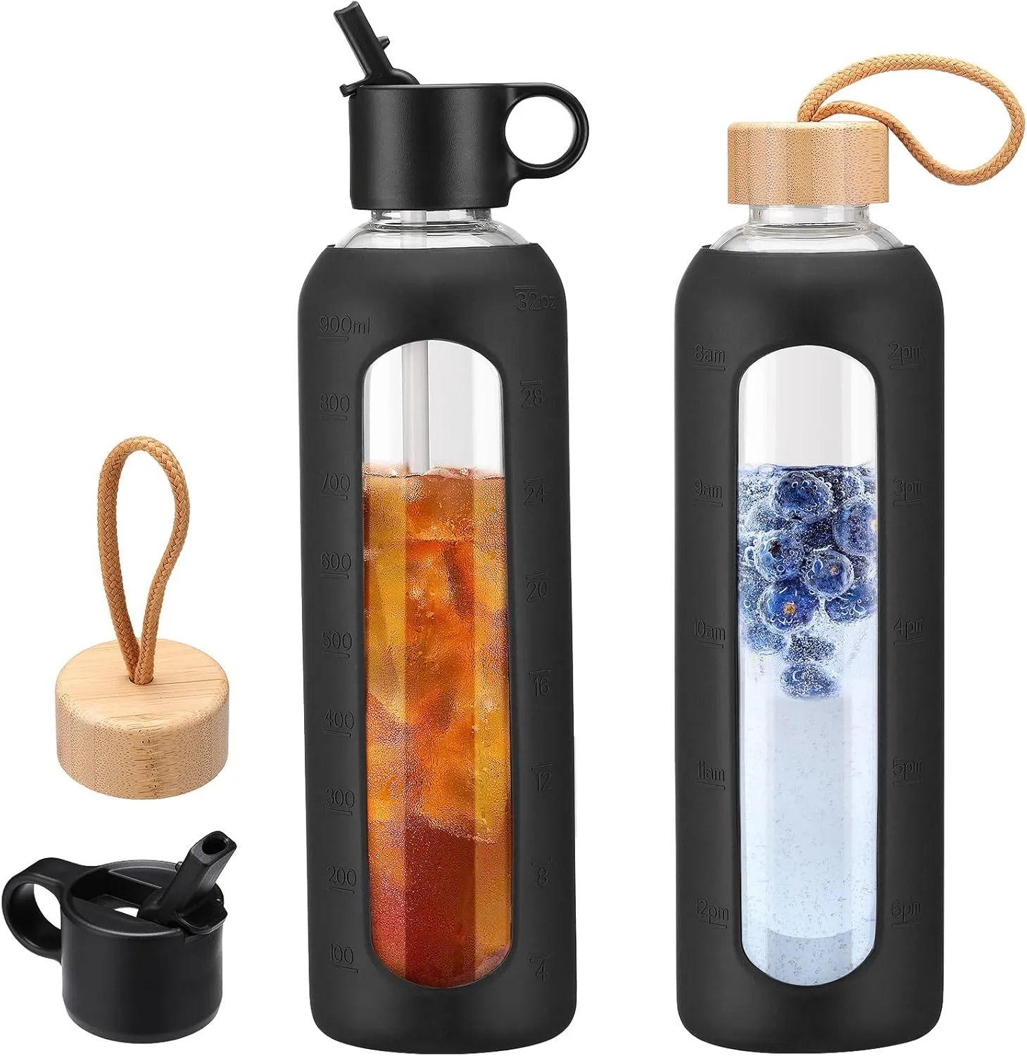 32oz Glass Water Bottle With 2 Lids, Glass Tumbler With Silicone Sleeve, Drinking Bottles With Motivational Time Marker,1 Pack-Black