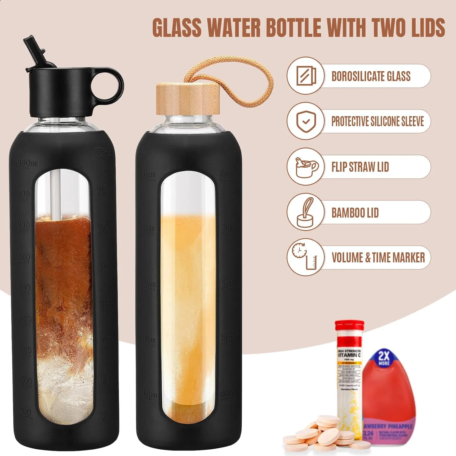 32oz Glass Water Bottle With 2 Lids, Glass Tumbler With Silicone Sleeve, Drinking Bottles With Motivational Time Marker,1 Pack-Black