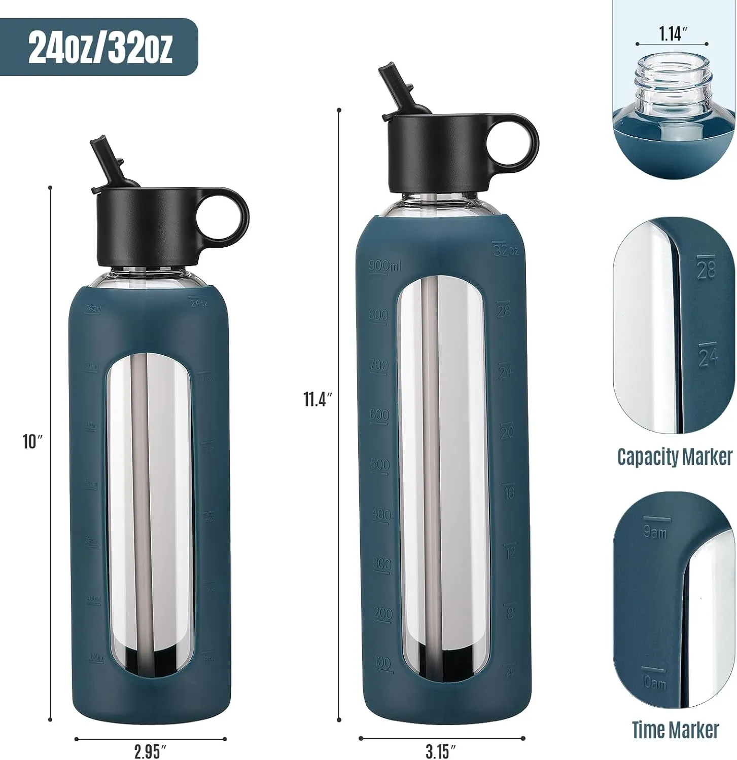 32oz Glass Water Bottle With 2 Lids, Glass Tumbler With Silicone Sleeve, Drinking Bottles With Motivational Time Marker,1 Pack-Navy Blue