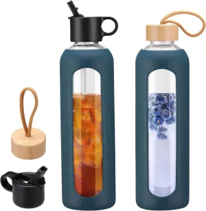 32oz Glass Water Bottle With 2 Lids, Glass Tumbler With Silicone Sleeve, Drinking Bottles With Motivational Time Marker,1 Pack-Navy Blue