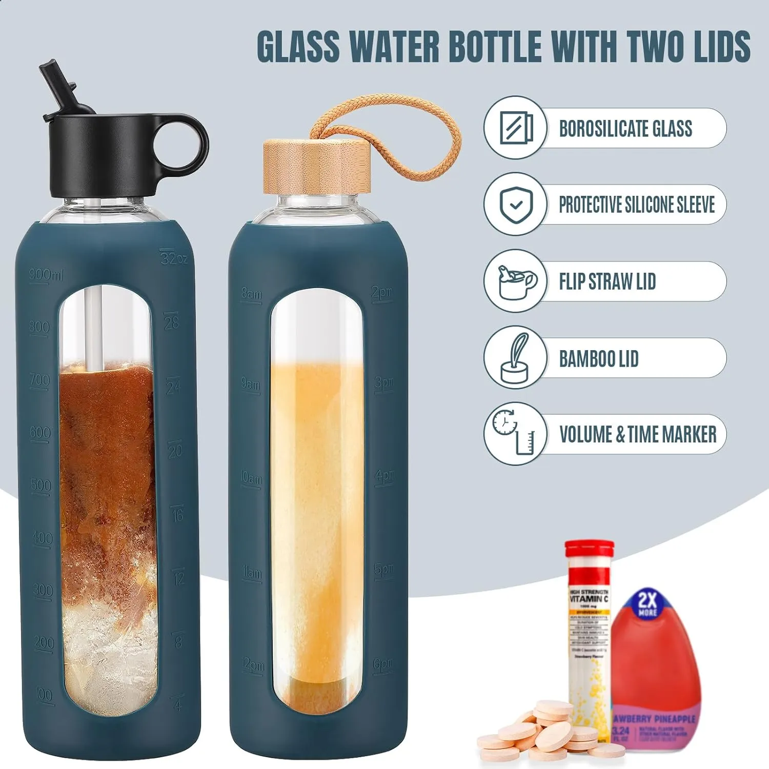 32oz Glass Water Bottle With 2 Lids, Glass Tumbler With Silicone Sleeve, Drinking Bottles With Motivational Time Marker,1 Pack-Navy Blue