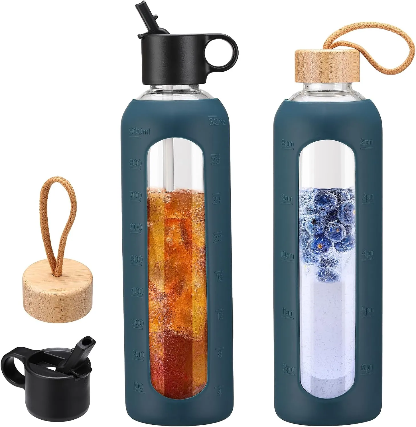 32oz Glass Water Bottle With 2 Lids, Glass Tumbler With Silicone Sleeve, Drinking Bottles With Motivational Time Marker,1 Pack-Navy Blue