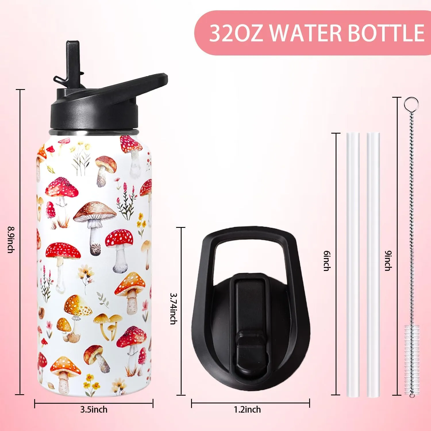 32oz Mushroom Stainless Insulated Aater Water Bottle with Straw,Mushroom Gym Hiking Sports Coffee Mug Cup Water Bottles,Mushroom Themed Gifts for Women,Mushroom Decor Stuff Accessories