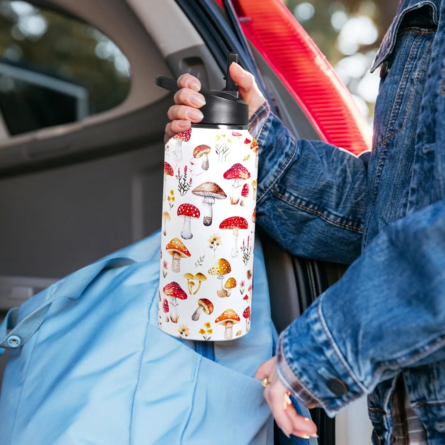 32oz Mushroom Stainless Insulated Aater Water Bottle with Straw,Mushroom Gym Hiking Sports Coffee Mug Cup Water Bottles,Mushroom Themed Gifts for Women,Mushroom Decor Stuff Accessories