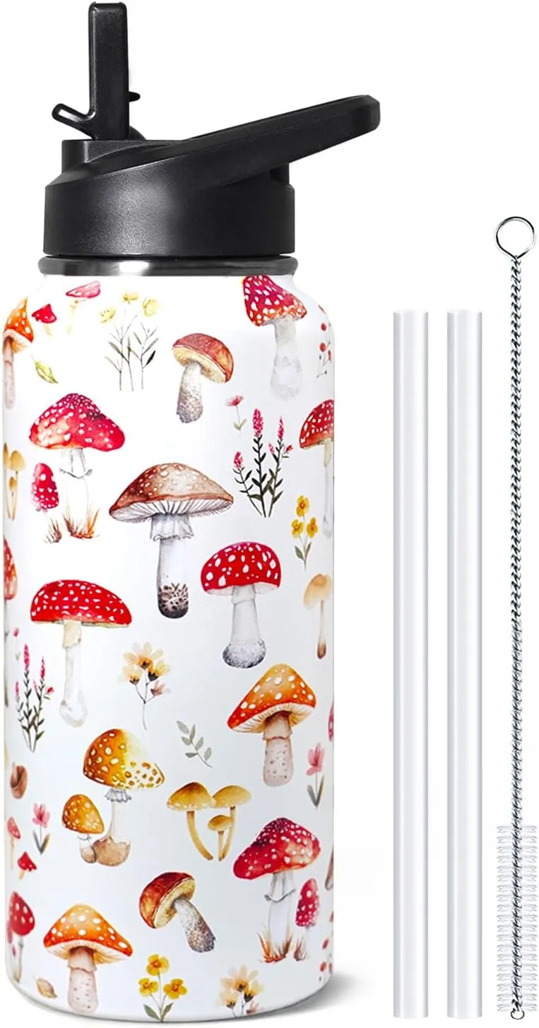 32oz Mushroom Stainless Insulated Aater Water Bottle with Straw,Mushroom Gym Hiking Sports Coffee Mug Cup Water Bottles,Mushroom Themed Gifts for Women,Mushroom Decor Stuff Accessories