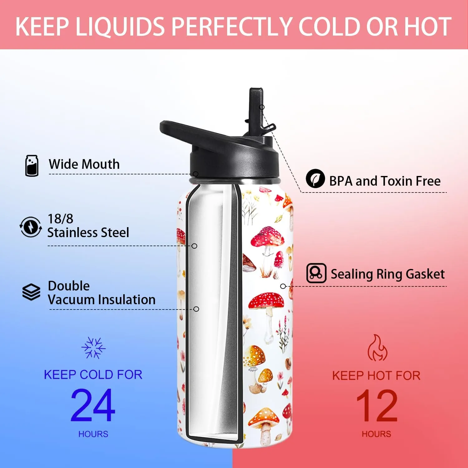 32oz Mushroom Stainless Insulated Aater Water Bottle with Straw,Mushroom Gym Hiking Sports Coffee Mug Cup Water Bottles,Mushroom Themed Gifts for Women,Mushroom Decor Stuff Accessories