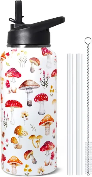 32oz Mushroom Stainless Insulated Aater Water Bottle with Straw,Mushroom Gym Hiking Sports Coffee Mug Cup Water Bottles,Mushroom Themed Gifts for Women,Mushroom Decor Stuff Accessories