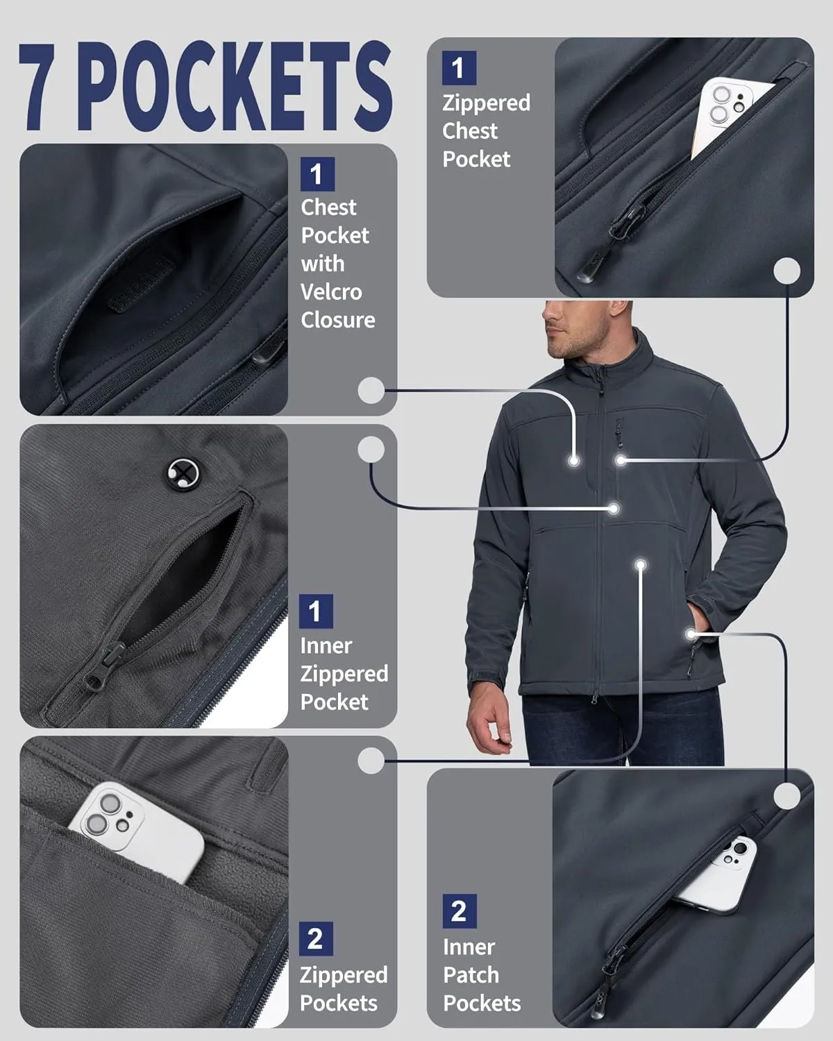 33,000ft Men's Lightweight Softshell Jacket Warm Fleece Lined Windbreaker Waterproof Soft Shell for Outdoor Hiking