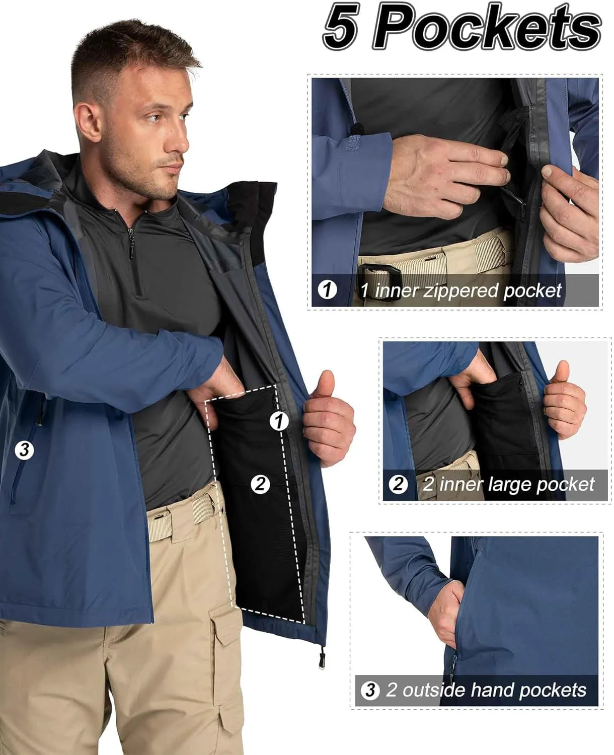 33,000ft Mens Rain Jacket, 3-Layer Performance Lightweight Rain Jackets Waterproof with Hood for Hiking Ski Sailing Cycling