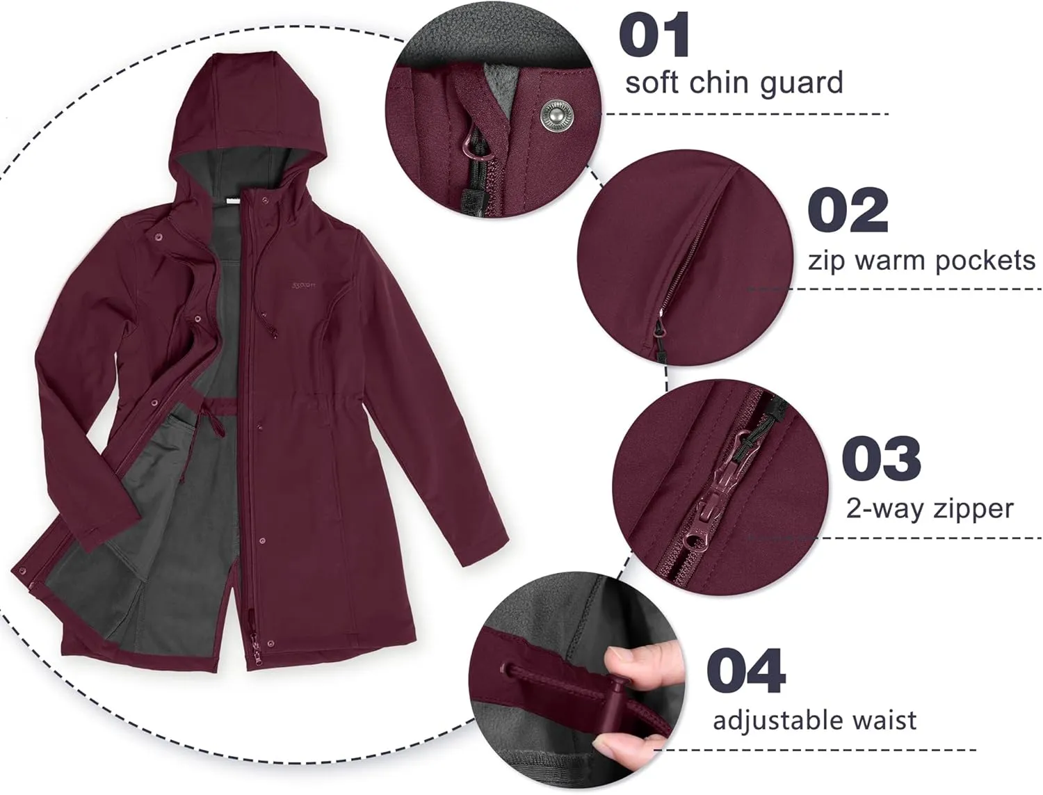 33,000ft Women's Softshell Long Jacket with Hood Fleece Lined Windproof Warm up Waterproof Windbreaker