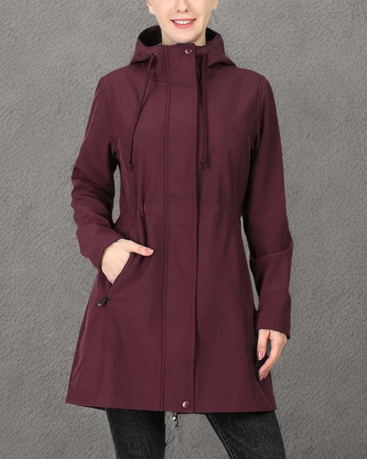 33,000ft Women's Softshell Long Jacket with Hood Fleece Lined Windproof Warm up Waterproof Windbreaker