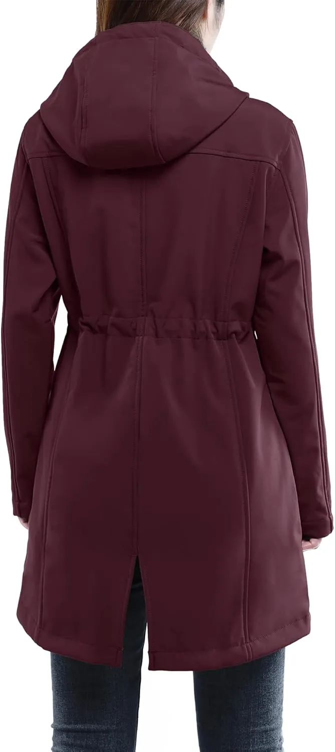 33,000ft Women's Softshell Long Jacket with Hood Fleece Lined Windproof Warm up Waterproof Windbreaker
