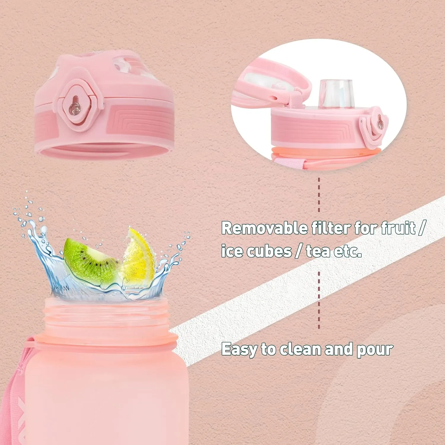36 oz Sports Water bottle,BPA Free Drinks Water Bottles with Fruit Strainer,Leakproof Tritan BPA Free Non-Toxic Water Jug for Fitness,Gym,Sports,Outdoors,Cycling (pink)