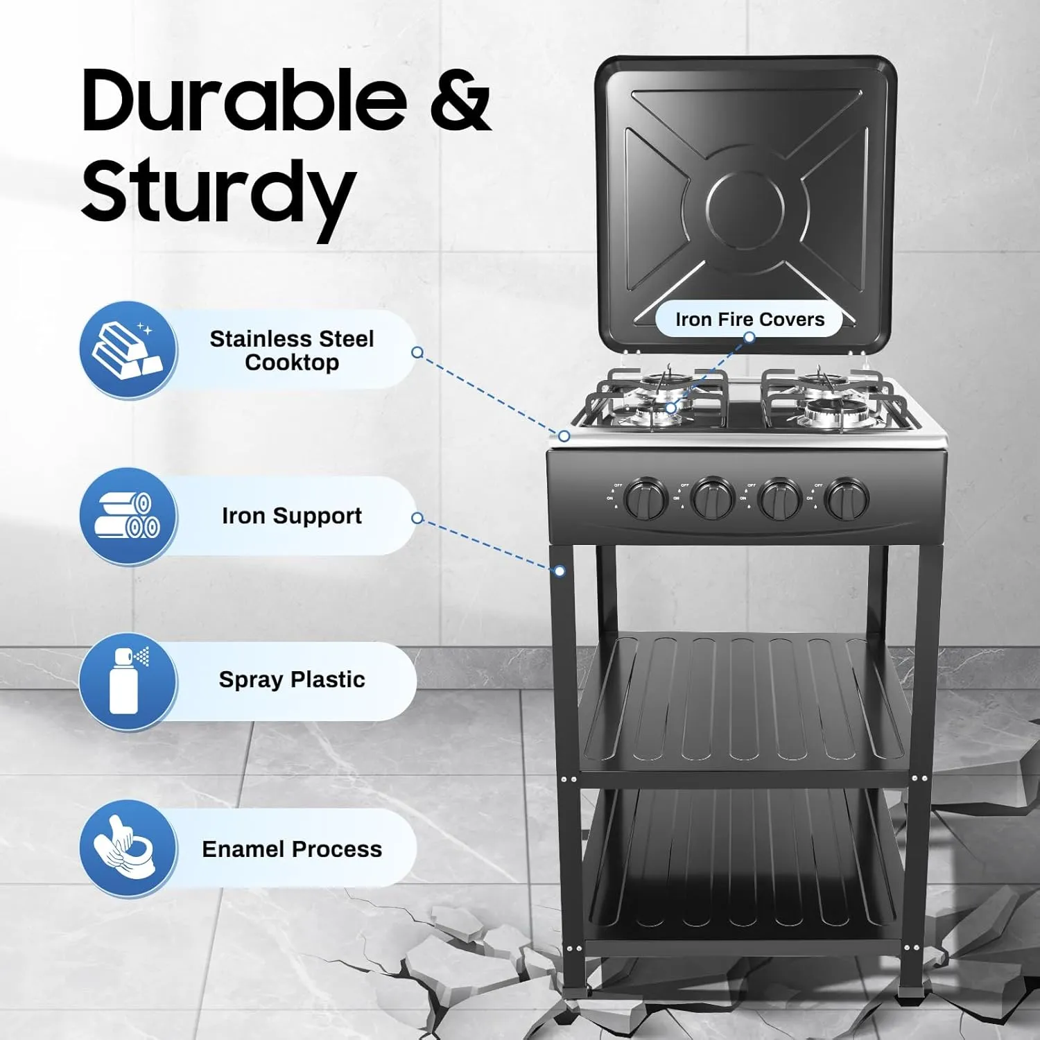 4 Burner Gas Stove Portable Stove Set with Support Leg Stand, Manual Ignition Camping Stove, Camping Cookware Set for Apartment, Outdoor Cooking Camping(Without connecting hose) (Black)