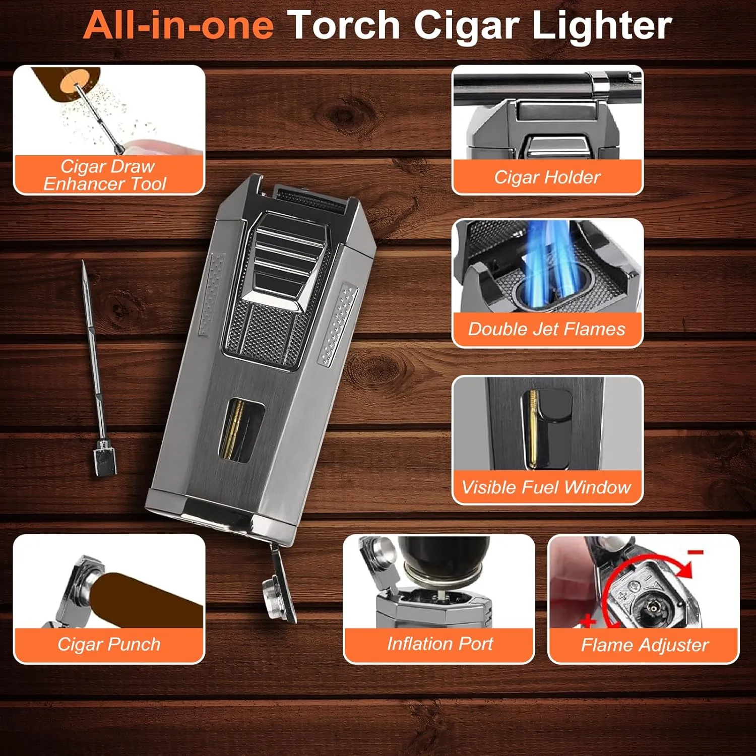 4-in-1 Torch Lighter Adjustable Windproof 2 Jet Flame Lighters for Travel with Punch, Holder, and Draw Enhancer Tool, Refillable Butane Design Gas Lighters Gift for Men,(Butane not Included)(Black)