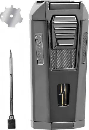 4-in-1 Torch Lighter Adjustable Windproof 2 Jet Flame Lighters for Travel with Punch, Holder, and Draw Enhancer Tool, Refillable Butane Design Gas Lighters Gift for Men,(Butane not Included)(Black)
