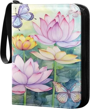 4 Pocket Card Binder with 50 Removable Sleeves Butterfly Lotus Painting Trading Card Binder Collector Card Album for 400 Game Sports Cards
