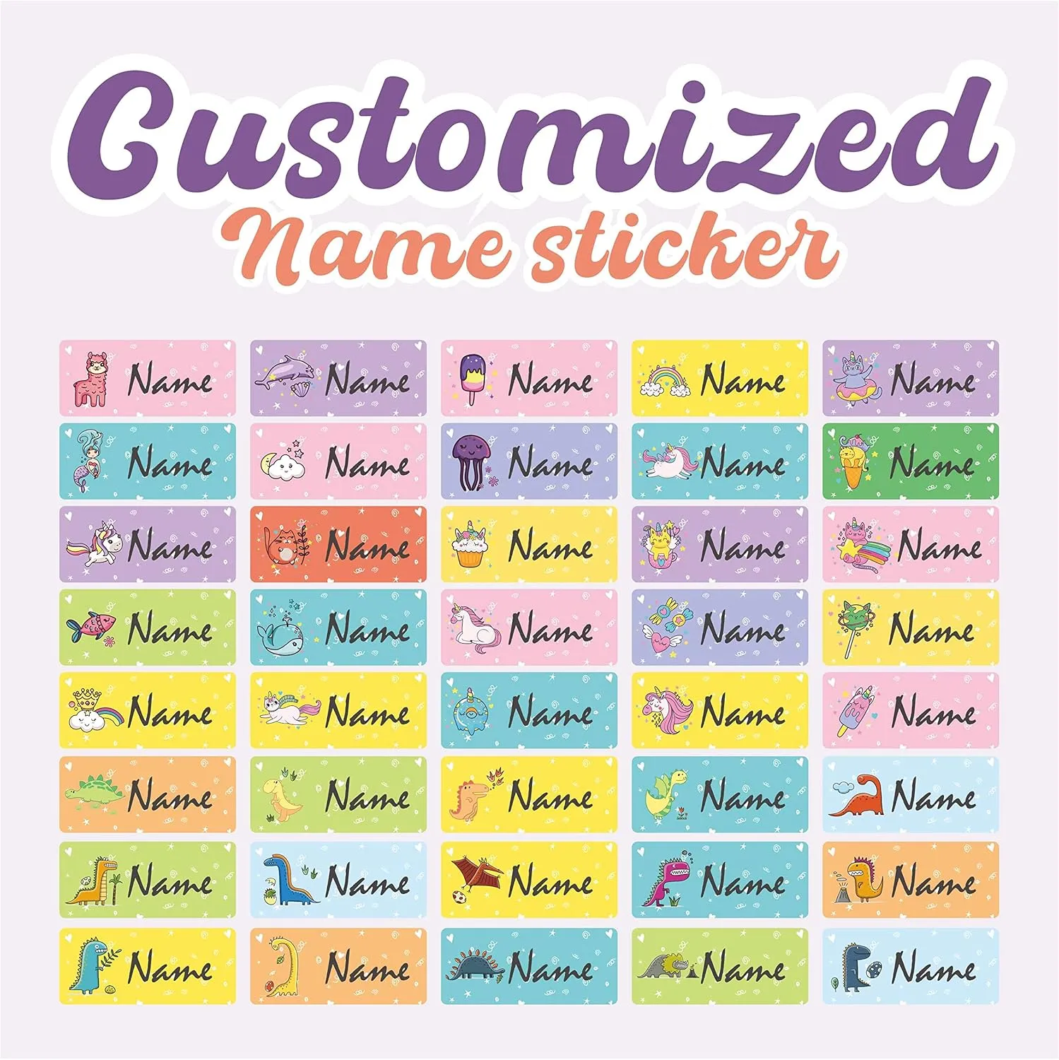 40-200Pcs Personalized Name Stickers for Kids (1.18x0.51in) Custom Waterproof Name Labels for Water Bottles, Lunch Boxes and School Supplies- Unicorns
