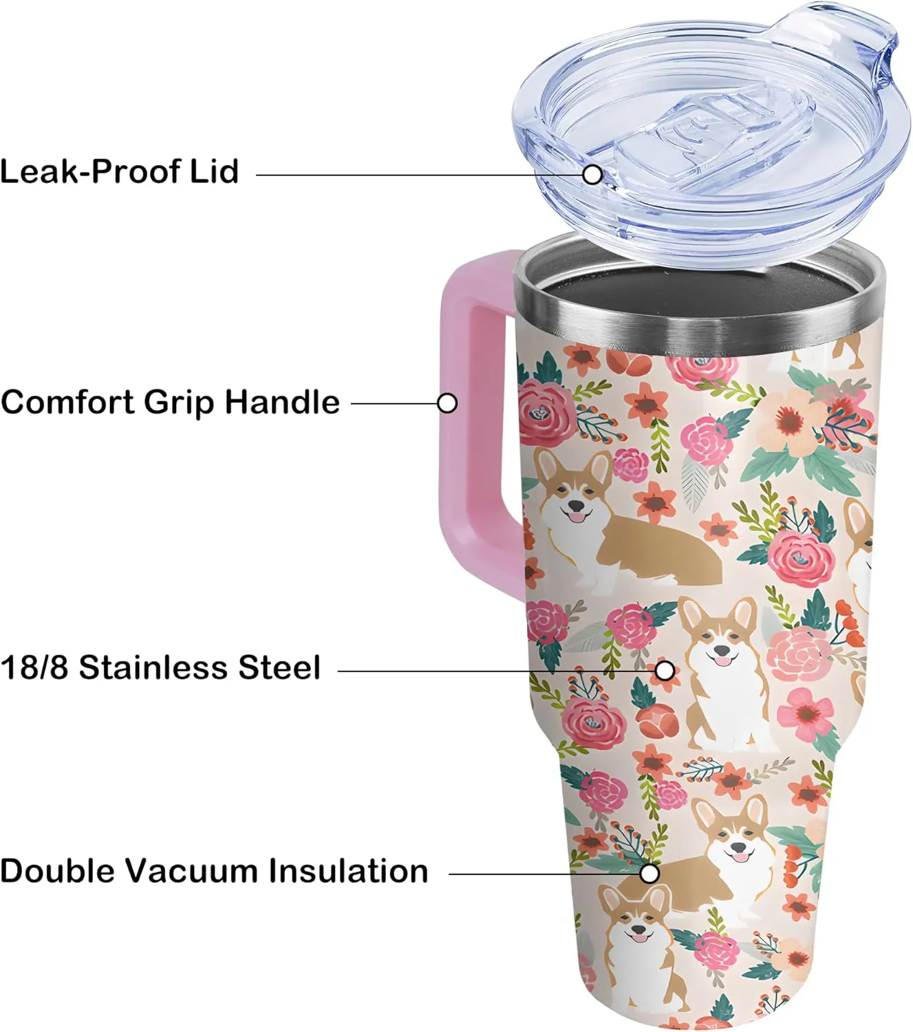 40 oz Cute Corgi Tumbler with Handle and Straw, Stainless Steel Insulated Cup with Lid and Straw, Travel Mug Water Bottle, Gifts for Women