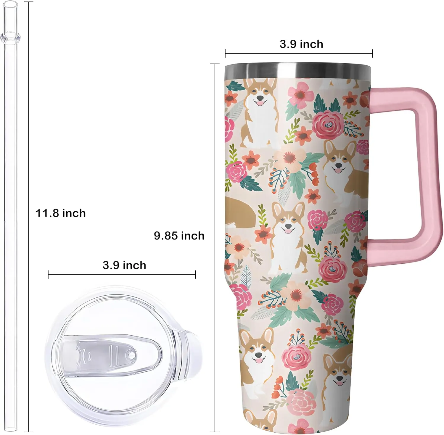 40 oz Cute Corgi Tumbler with Handle and Straw, Stainless Steel Insulated Cup with Lid and Straw, Travel Mug Water Bottle, Gifts for Women