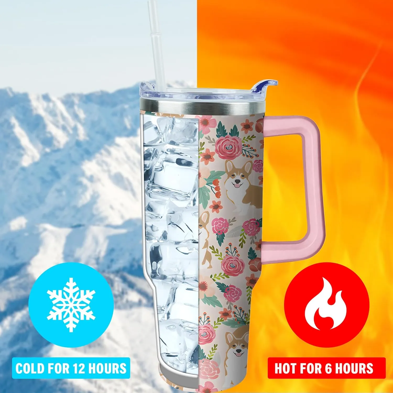 40 oz Cute Corgi Tumbler with Handle and Straw, Stainless Steel Insulated Cup with Lid and Straw, Travel Mug Water Bottle, Gifts for Women