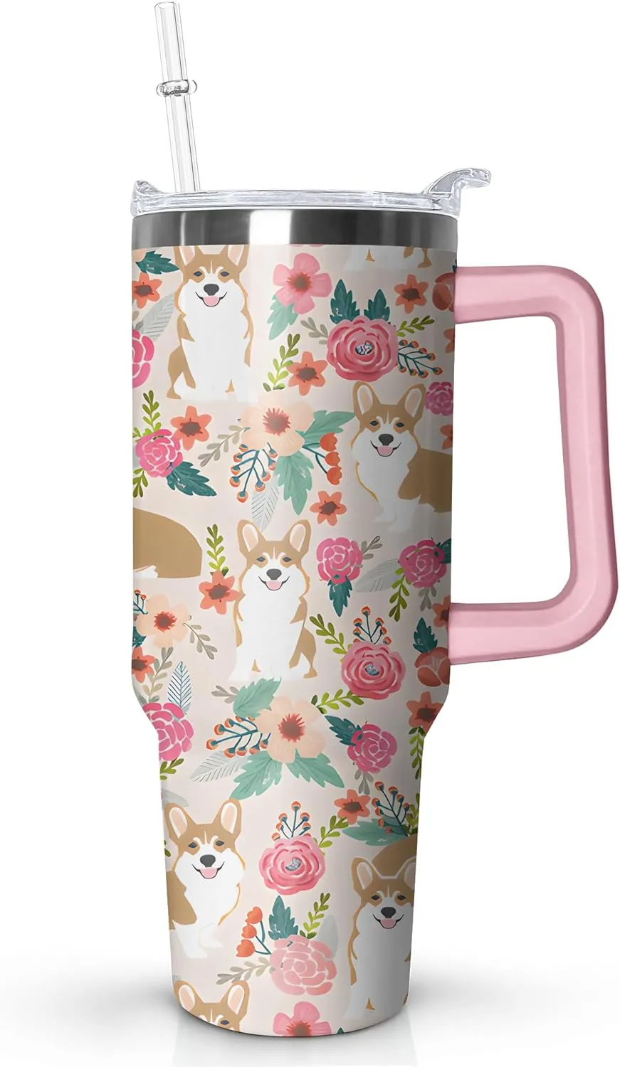 40 oz Cute Corgi Tumbler with Handle and Straw, Stainless Steel Insulated Cup with Lid and Straw, Travel Mug Water Bottle, Gifts for Women