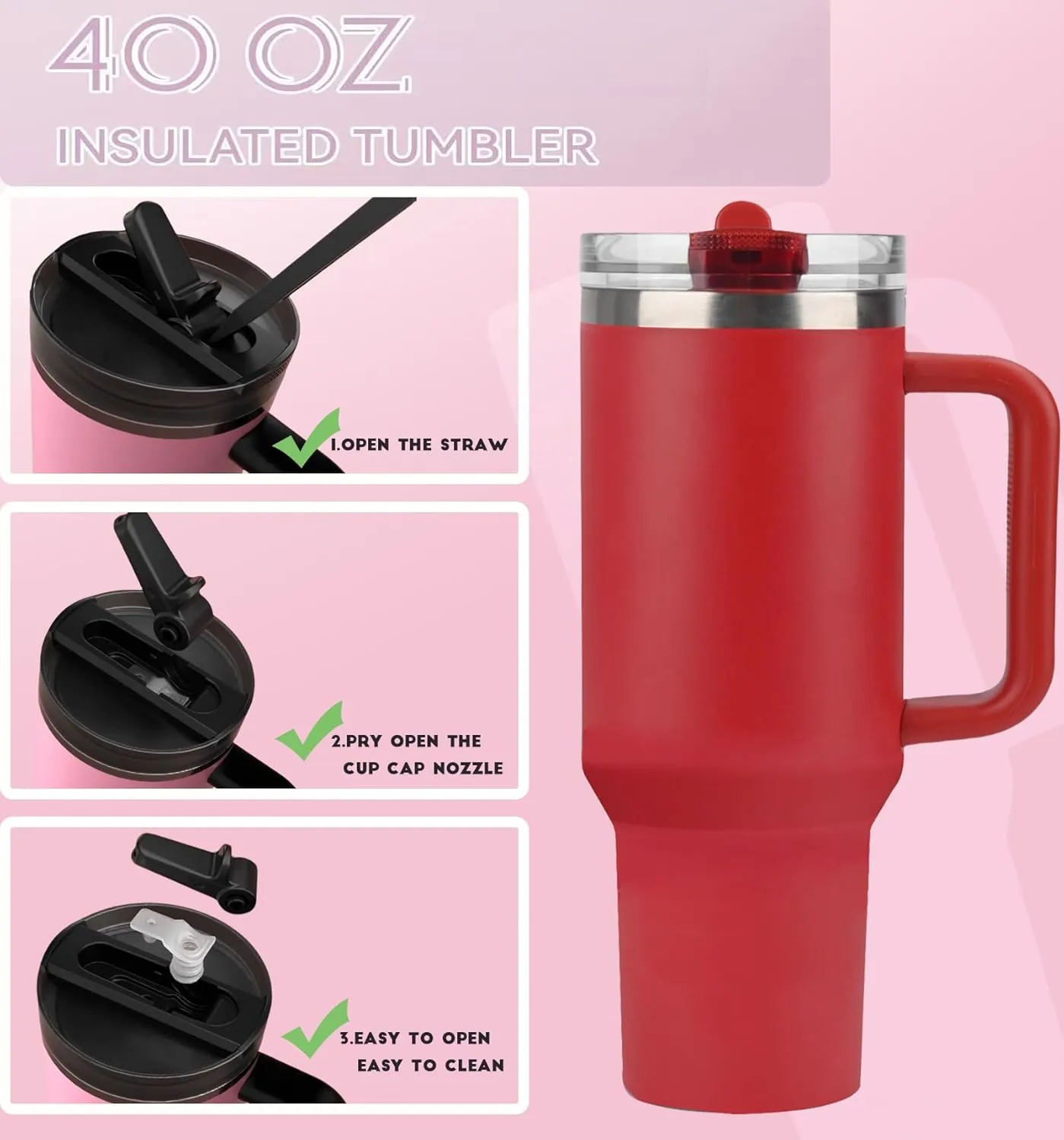 40 oz Tumbler with Handle Quenchers ProTour Detachable Flip Straw Lid Tumbler,Vacuum Insulated Tumblers with Top Leak Proof Lids and Flip Straw,Reusable Insulated Cup (Red, 40 oz)