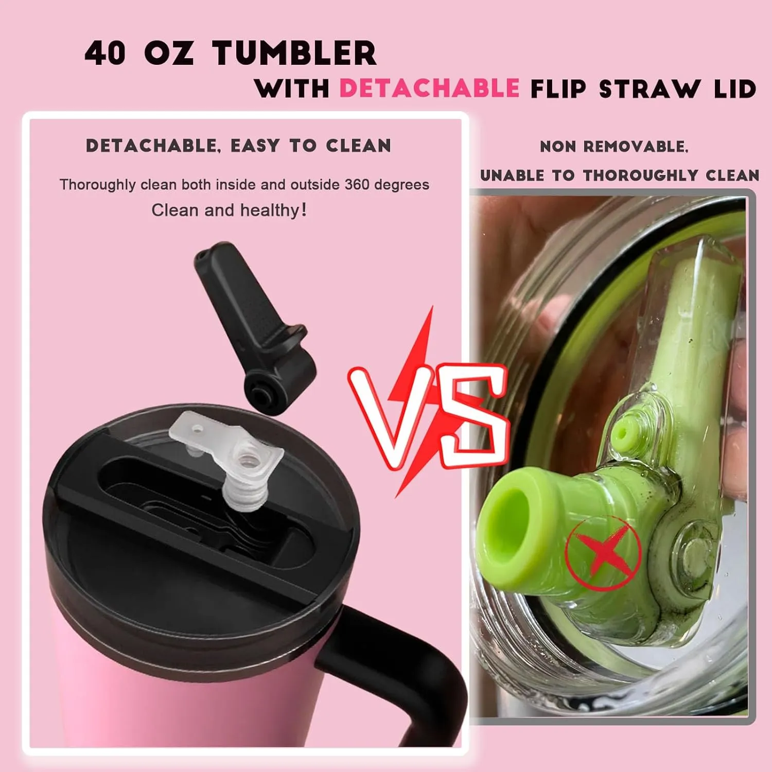 40 oz Tumbler with Handle Quenchers ProTour Detachable Flip Straw Lid Tumbler,Vacuum Insulated Tumblers with Top Leak Proof Lids and Flip Straw,Reusable Insulated Cup (Red, 40 oz)
