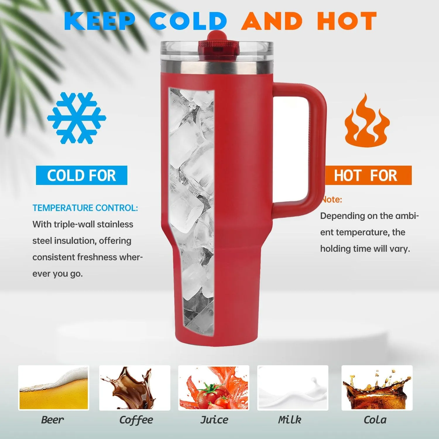 40 oz Tumbler with Handle Quenchers ProTour Detachable Flip Straw Lid Tumbler,Vacuum Insulated Tumblers with Top Leak Proof Lids and Flip Straw,Reusable Insulated Cup (Red, 40 oz)