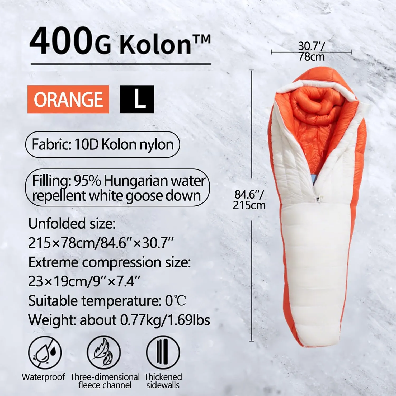 400G Ultralight Mummy Sleeping Bag, 10D Kolon Nylon Water-Resistant Sleeping Bag for Adults, Suitable for -5-5℃ Sleeping Bag for Camping