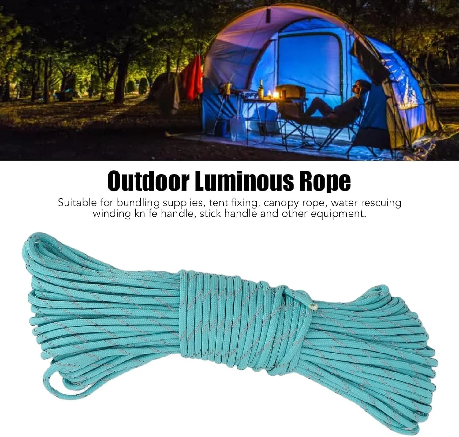 4mm Outdoor Guy Lines Tent Cord, Luminous Reflective Tent Guide Rope, Camping Rope for Tent Tarp, Canopy Shelter, Camping, Hiking, Backpacking(31m Lake Blue)