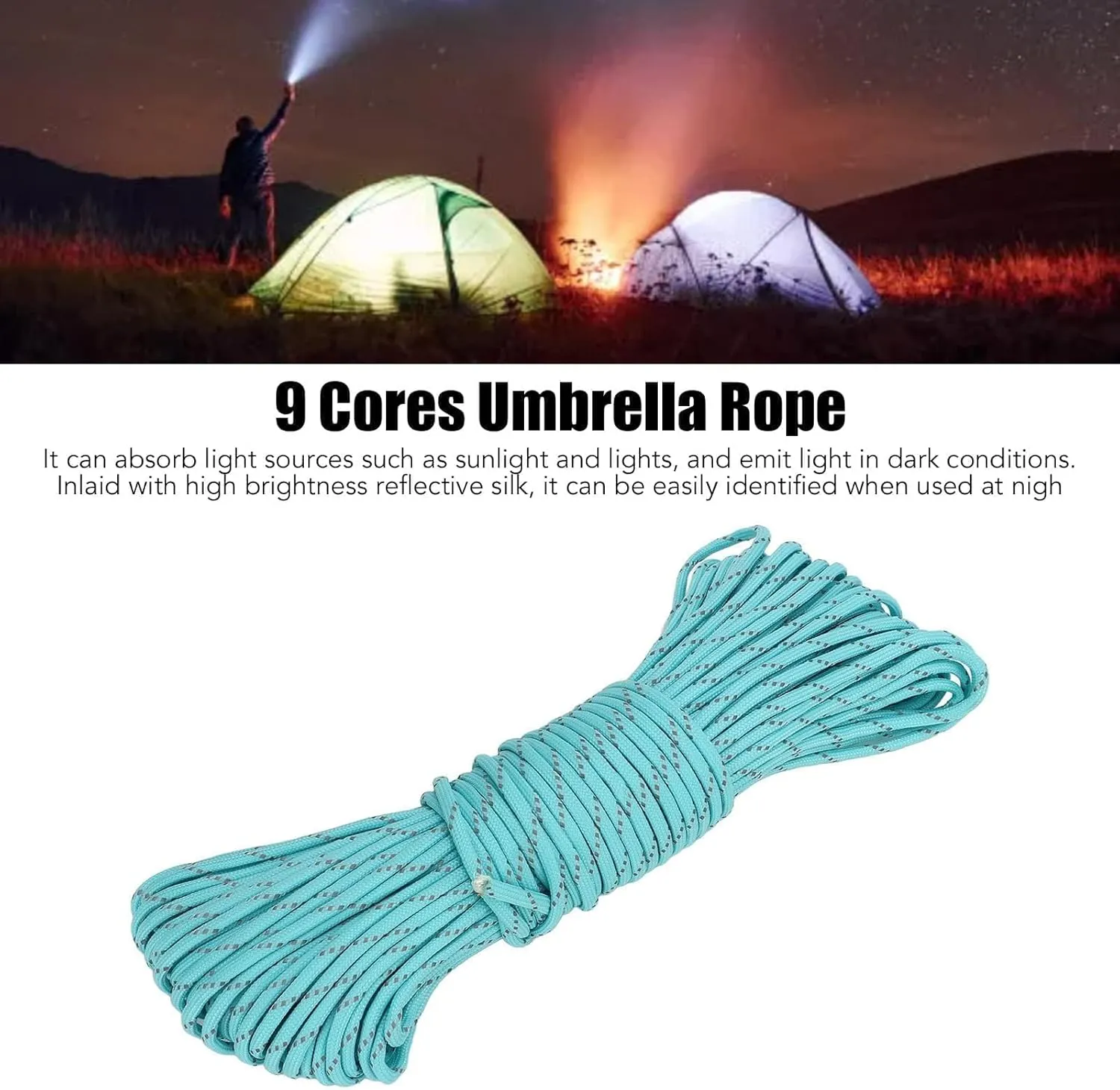 4mm Outdoor Guy Lines Tent Cord, Luminous Reflective Tent Guide Rope, Camping Rope for Tent Tarp, Canopy Shelter, Camping, Hiking, Backpacking(31m Lake Blue)