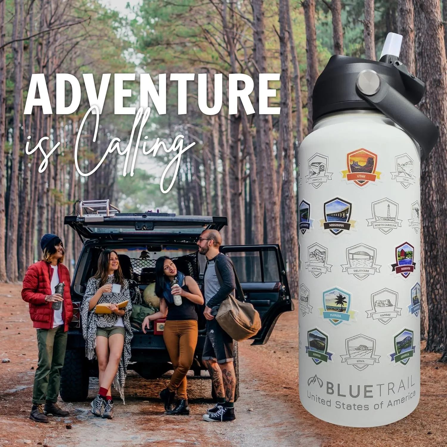 50 States Water Bottle with Stickers - 32 oz Insulated Stainless Steel, Upgraded Leak-Proof Lid, UV & Waterproof Permanent Stickers, Laser Engraved 50 States of the USA (Lemon Frost)