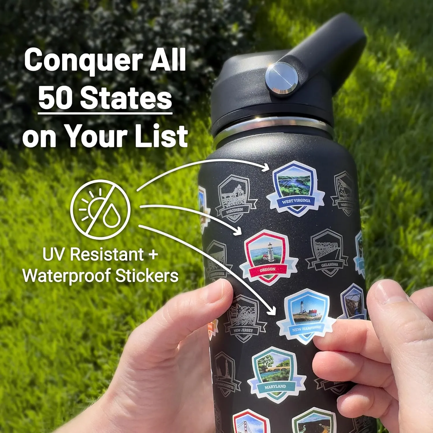 50 States Water Bottle with Stickers - 32 oz Insulated Stainless Steel, Upgraded Leak-Proof Lid, UV & Waterproof Permanent Stickers, Laser Engraved 50 States of the USA (Lemon Frost)
