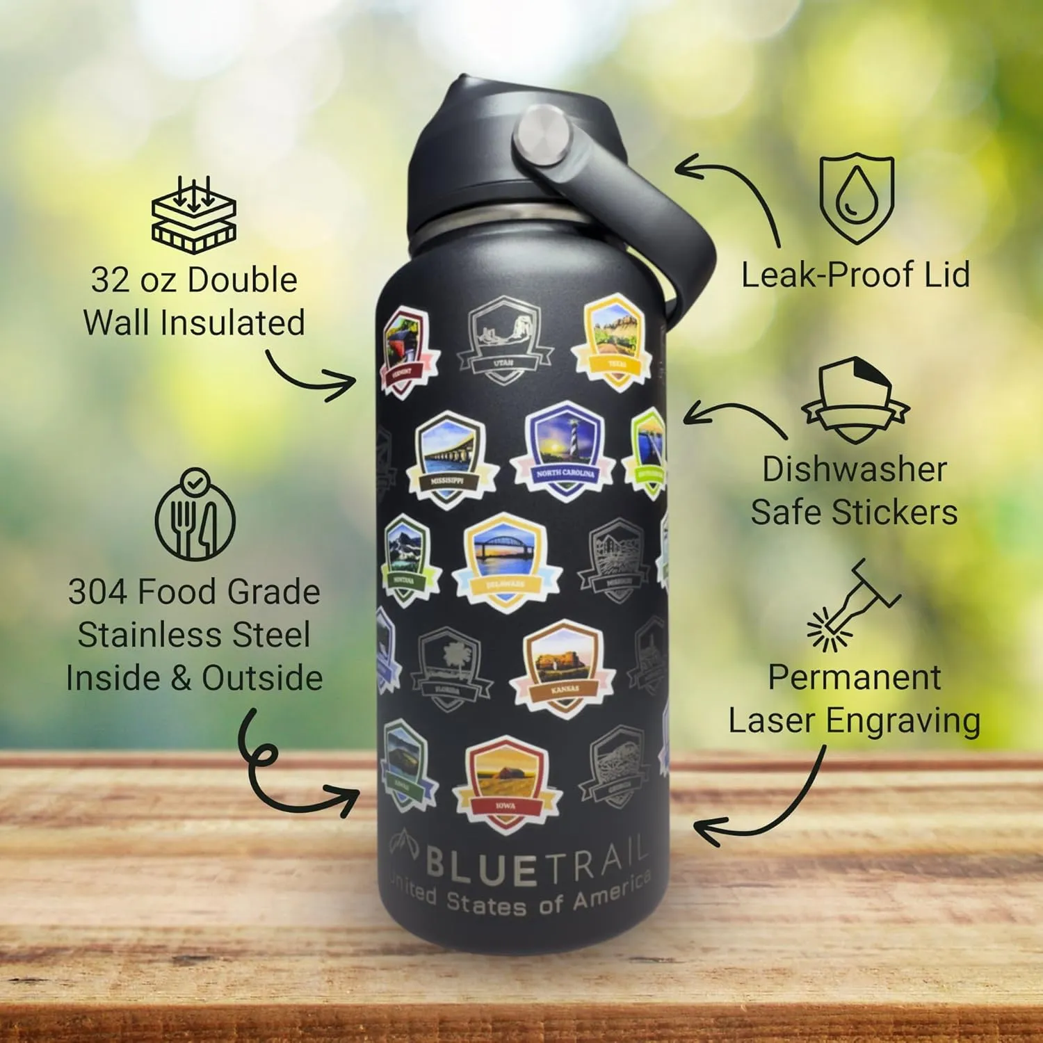 50 States Water Bottle with Stickers - 32 oz Insulated Stainless Steel, Upgraded Leak-Proof Lid, UV & Waterproof Permanent Stickers, Laser Engraved 50 States of the USA (Lemon Frost)