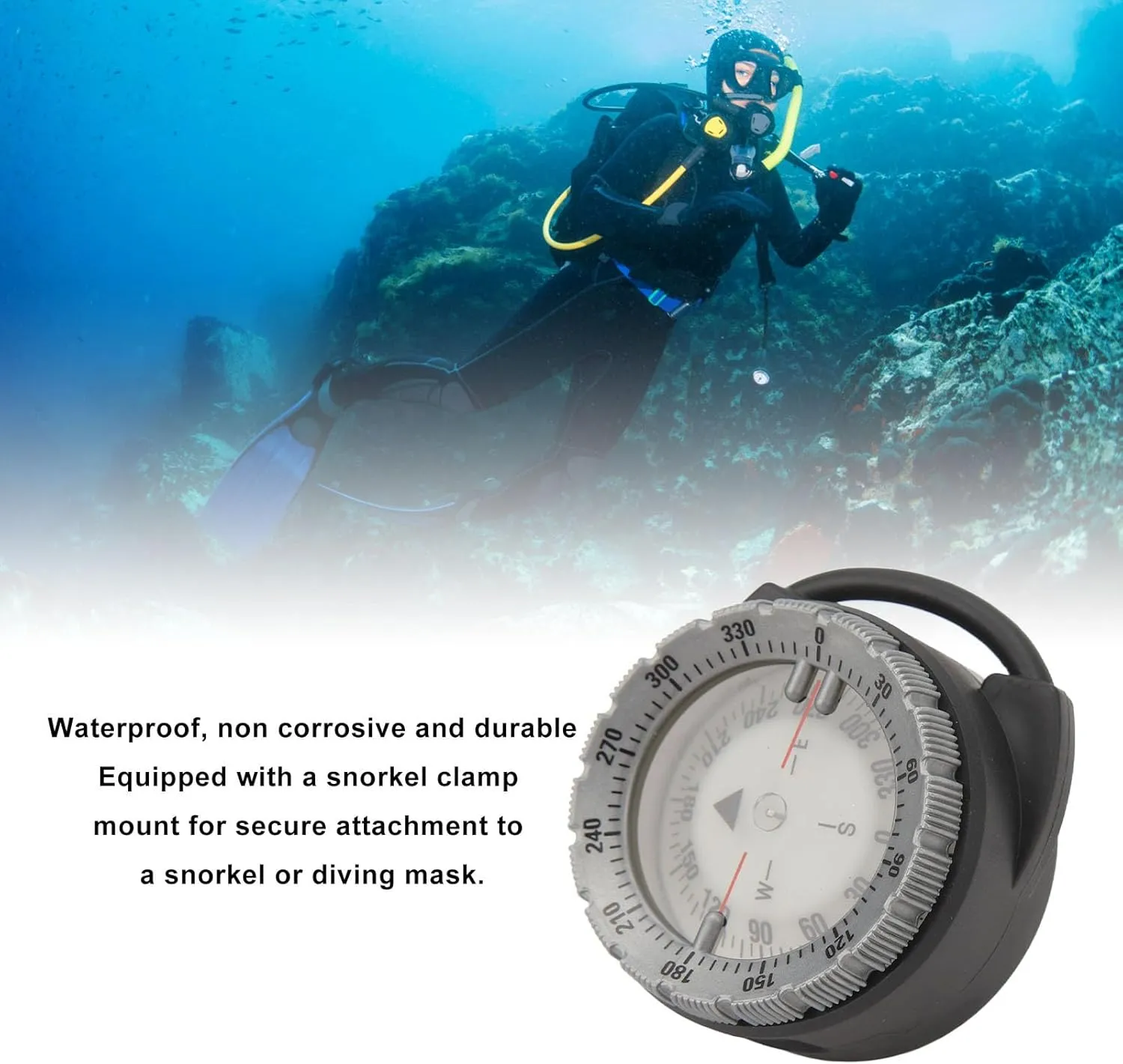 50M Underwater Diving Compass, with Luminous Magnetic for Night Scuba Diving Water Sports and Breathing Tube Clamp Mount