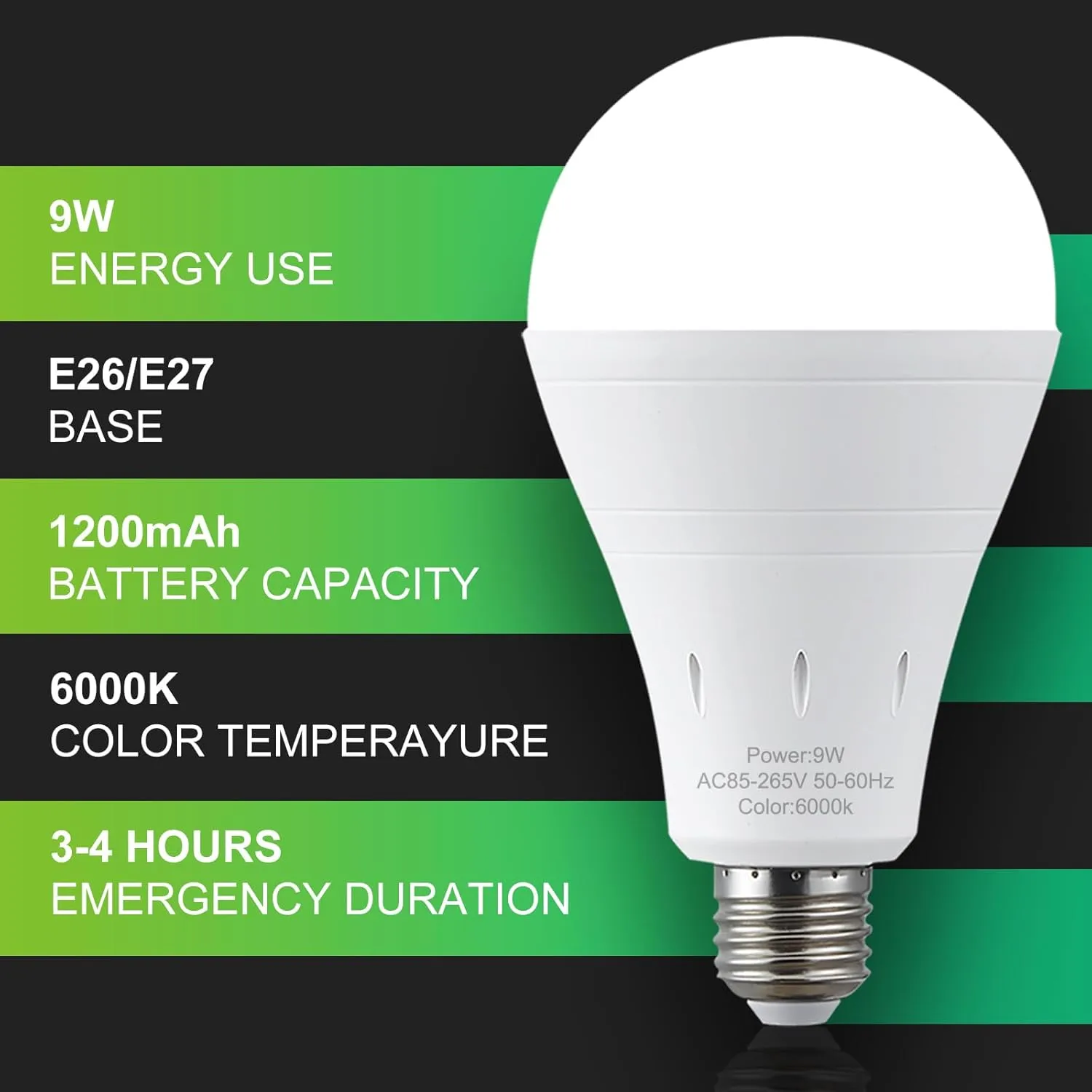 6 Pack Rechargeable Emergency Light Bulbs, Battery Powered LED Light Bulb 6000K Daylight E26 120 Volt 9W 60W Equivalent with 1200mAh for Home Power Outage Camping Hurricane