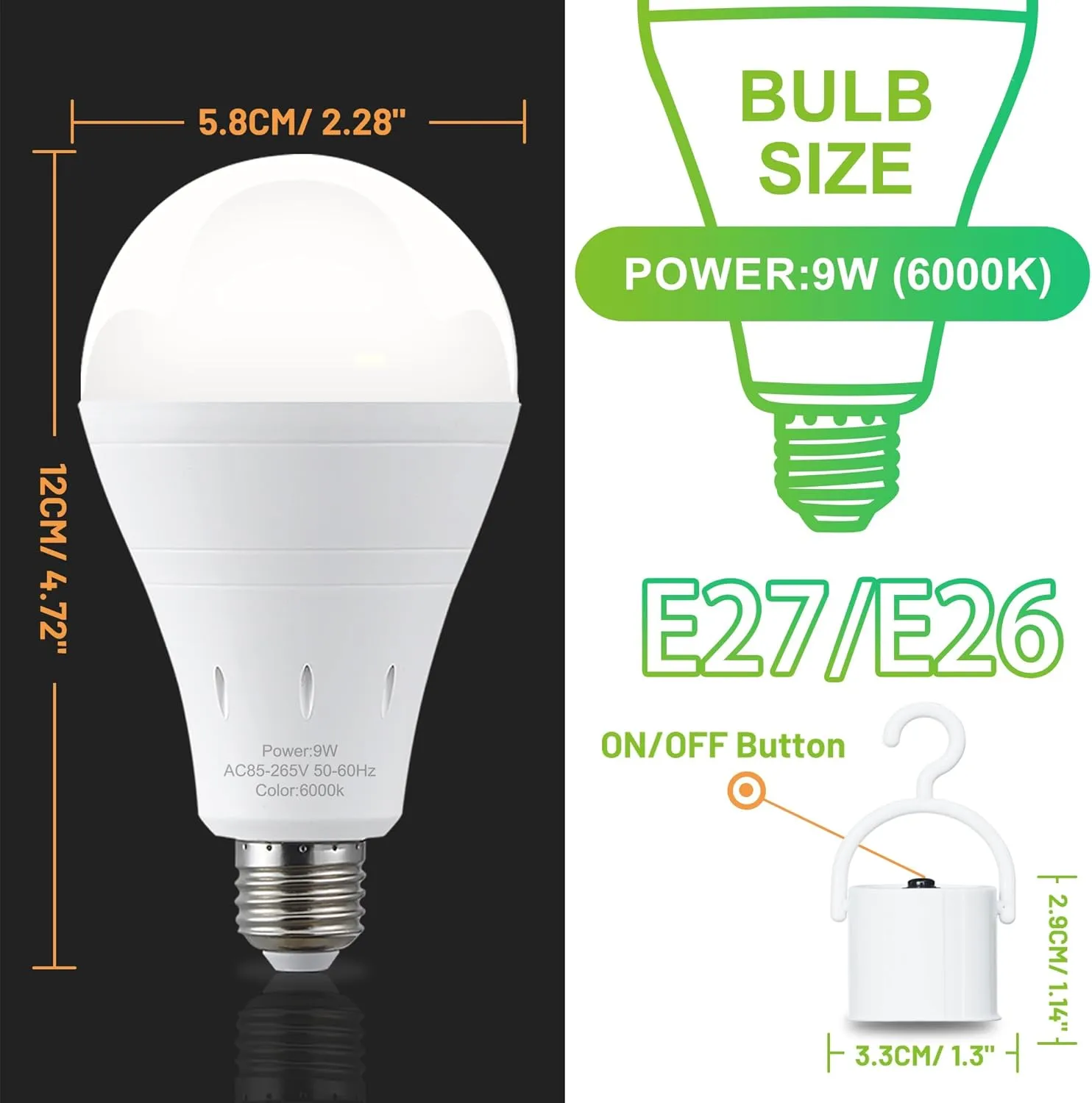 6 Pack Rechargeable Emergency Light Bulbs, Battery Powered LED Light Bulb 6000K Daylight E26 120 Volt 9W 60W Equivalent with 1200mAh for Home Power Outage Camping Hurricane